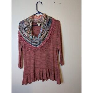 One World Womens Pink Cowl Neck Scarf Top with Crochet Detail Ruffle Hem